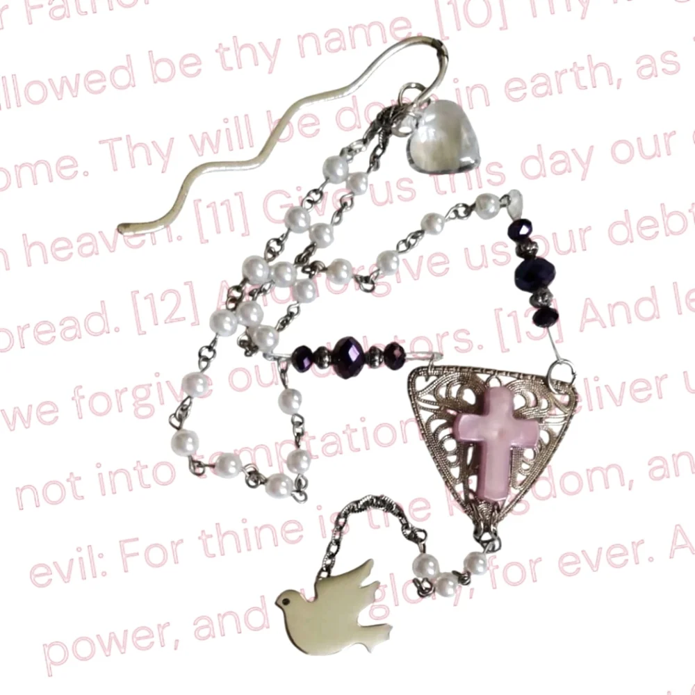 Pink and White Rosary Bookmark with Silver Tone Dove Charm Handmade